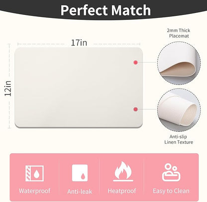 Maxpearl Faux Leather Placemats Set of 6 - Waterproof - Wipe Clean - Heat Resistant - Anti Slip Dining Table Place Mats, Suitable for Indoor & Outdoor Use, 17’’x12’’, Ivory White