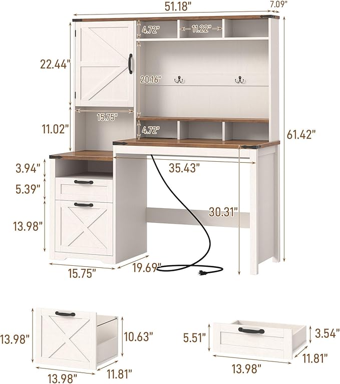 Vabches 51" Executive Desk Farmhouse Home Office Desk with Charging Station, File Drawer, Storage Cabinet, Monitor Stand, Wood Computer Desk with Hutch for Work Study Writing (White)