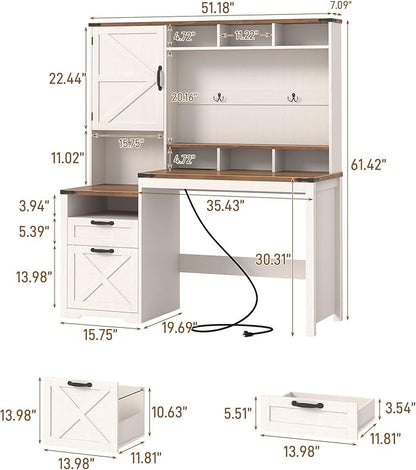 Vabches 51" Executive Desk Farmhouse Home Office Desk with Charging Station, File Drawer, Storage Cabinet, Monitor Stand, Wood Computer Desk with Hutch for Work Study Writing (White)