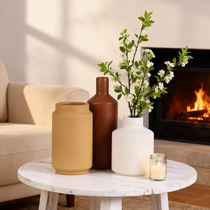 Ceramic Vase Set of 3 – Modern Decorative Vases in Matte White, Yellow & Brown, Small Flower Pottery Vase Sets, Boho Farmhouse Rustic Vases for Living Room, Kitchen, Bedroom, Bathroom, Shelf, Table