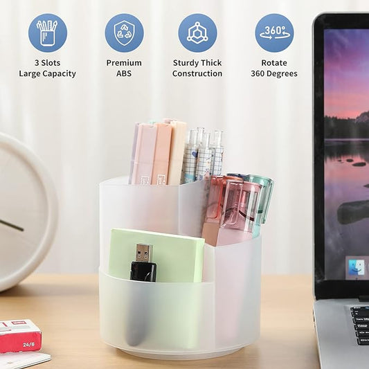 Desk Pencil Pen Holder, 3 Slots 360-Degree Spinning Organizers, Desktop Storage Stationery Supplies, Cute Cup Pot for Office, School, Art Supply, Kids - Clear