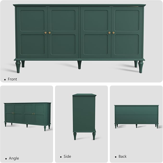 ARTPOWER 58'' Mid-Century Modern Buffet Storage Cabinet with 4 Doors and Adjustable Shelves, Accent Style Sideboard for Entryway, Dining Room, Living Room, Green
