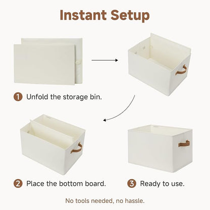 StorageWorks Foldable Storage Bins with PU Handles, Closet Storage Baskets, Fabric Bins for Clothes Storage, Ivory White, 3-Pack, Extra Large
