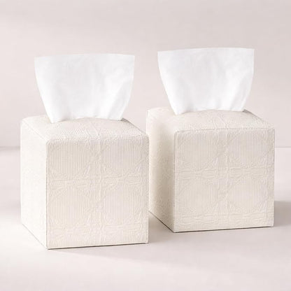 Tissue Box Cover 2-Pack, Square Tissue Holder with Bottom Belt, Modern Tissue Case Facial Paper Organizer Dispenser for Bathroom, Office, Home, Table, Car, White, Linen Pattern