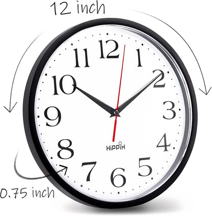HIPPIH 2 Pack Silent Wall Clock, 12 Inch Non Ticking Quiet Digital Sweep Decorative Battery Operated Wall Clocks for Living Room Bedroom Kitchen School Office Decor, Black