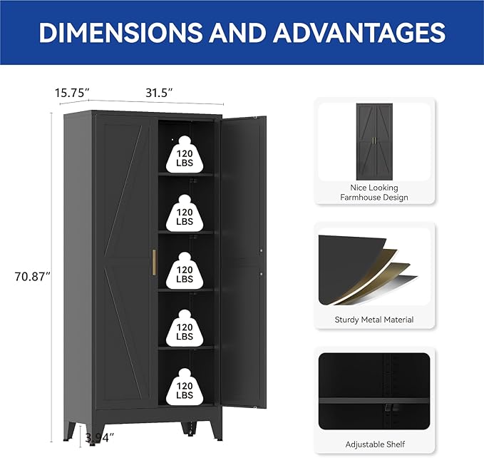 COFaR 71 in Tall Kitchen Pantry Cabinet, Metal Pantry Storage Cabinet with 4 Adjustable Shelves and 2 Barn Doors, Freestanding Farmhouse Food Cupboard for Dining Room Garage, Black 5-Tier