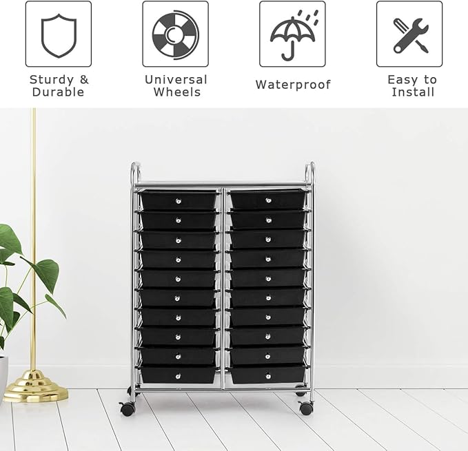 Giantex 20 Drawer Rolling Storage Cart Tools Scrapbook Paper Office School Organizer (25 x 15 x 35 Inch, Black)