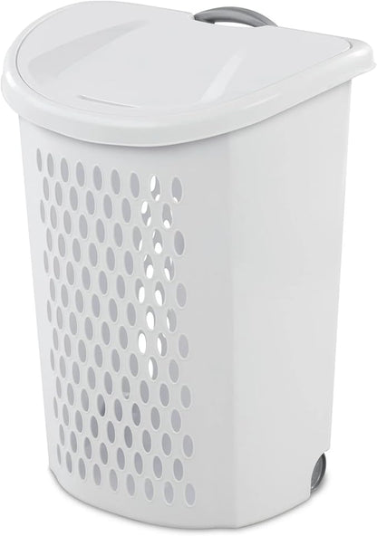 White Wheeled Plastic Laundry Hamper – Adult-Sized Rolling Basket With Handles For Home & Dorms
