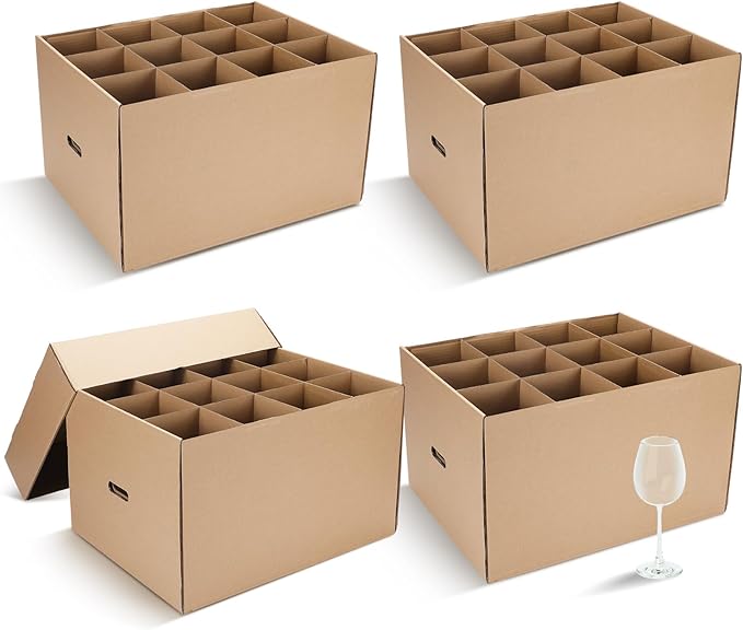 4 Pack Wine Glass Moving Boxes Kitchen Moving Boxes with Handle Kitchen Kit with Lid for Dish Glassware (Brown,20 x 15 x 12 Inches)