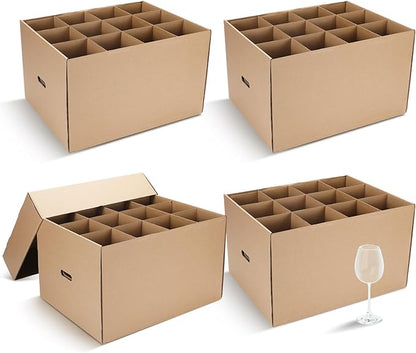 4 Pack Wine Glass Moving Boxes Kitchen Moving Boxes with Handle Kitchen Kit with Lid for Dish Glassware (Brown,20 x 15 x 12 Inches)