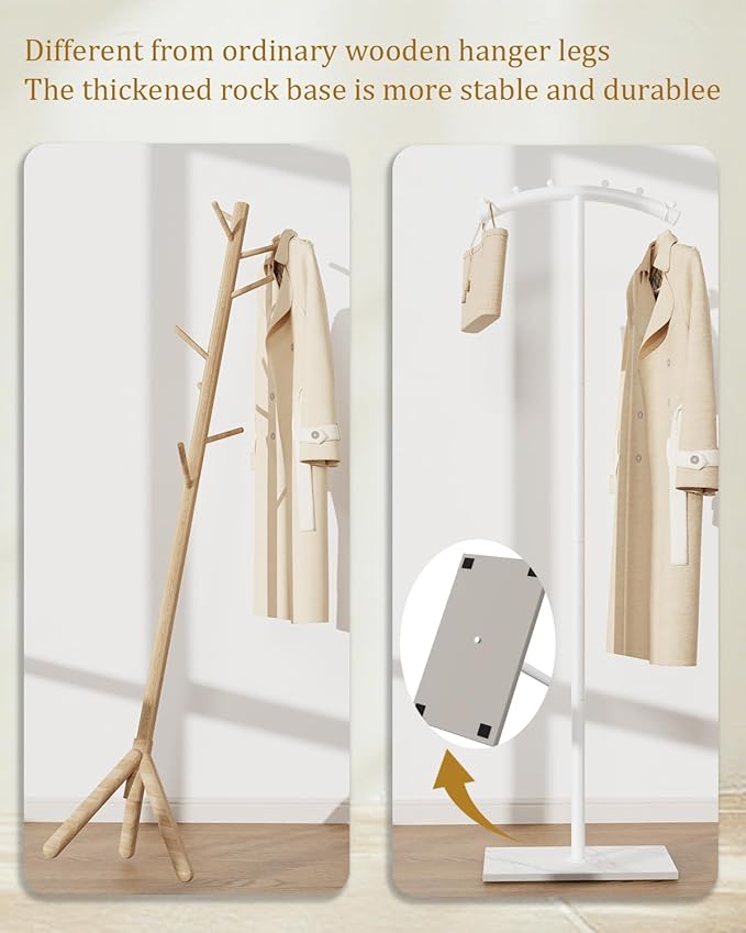 Arcuate Garment Rack, T-shaped Coat Tree Freestanding, Metal Coat Racks, Natural Stable Rock Base, Suitable For Entrances, Corridors, Halls, 68.9in, White