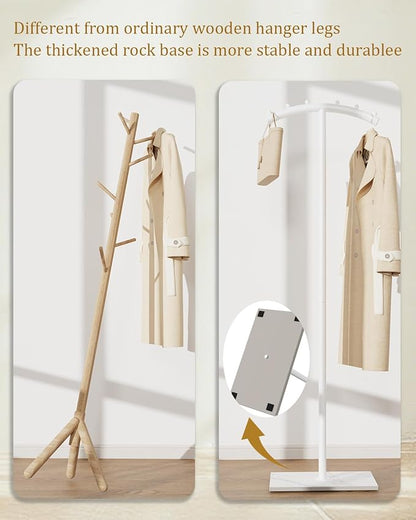 Arcuate Garment Rack, T-shaped Coat Tree Freestanding, Metal Coat Racks, Natural Stable Rock Base, Suitable For Entrances, Corridors, Halls, 68.9in, White