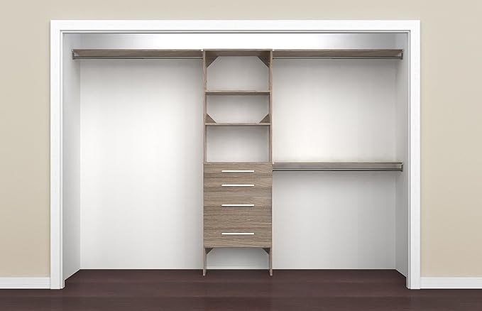 ClosetMaid SuiteSymphony Wood Closet Organizer Kit with Tower, 3 Hang Rods, Top Shelves, 4 Drawers, Modern Adjustable, Fits Spaces 6-10 ft. Wide, Natural Grey