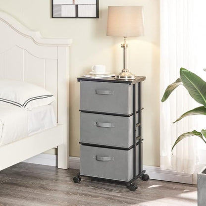 MAX Houser Dresser Tower with 3 Drawers for Bedroom, Fabric Storage Organizer Unit, Chest of Drawers with with WoodTop, Small Vertical Storage for Guest Room, Closet, Entryway(Grey)