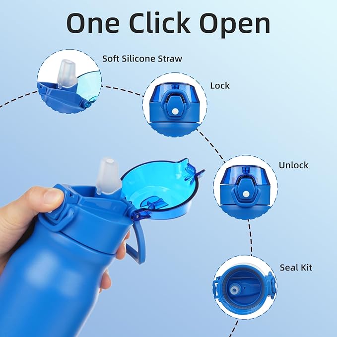 BJPKPK 25oz Insulated Water Bottle with Straw Stainless Steel Double Wall Water Bottles BPA Free Leak Proof Thermal Flask with Lockable Flip Lid and Soft Silicone Spout,Blue