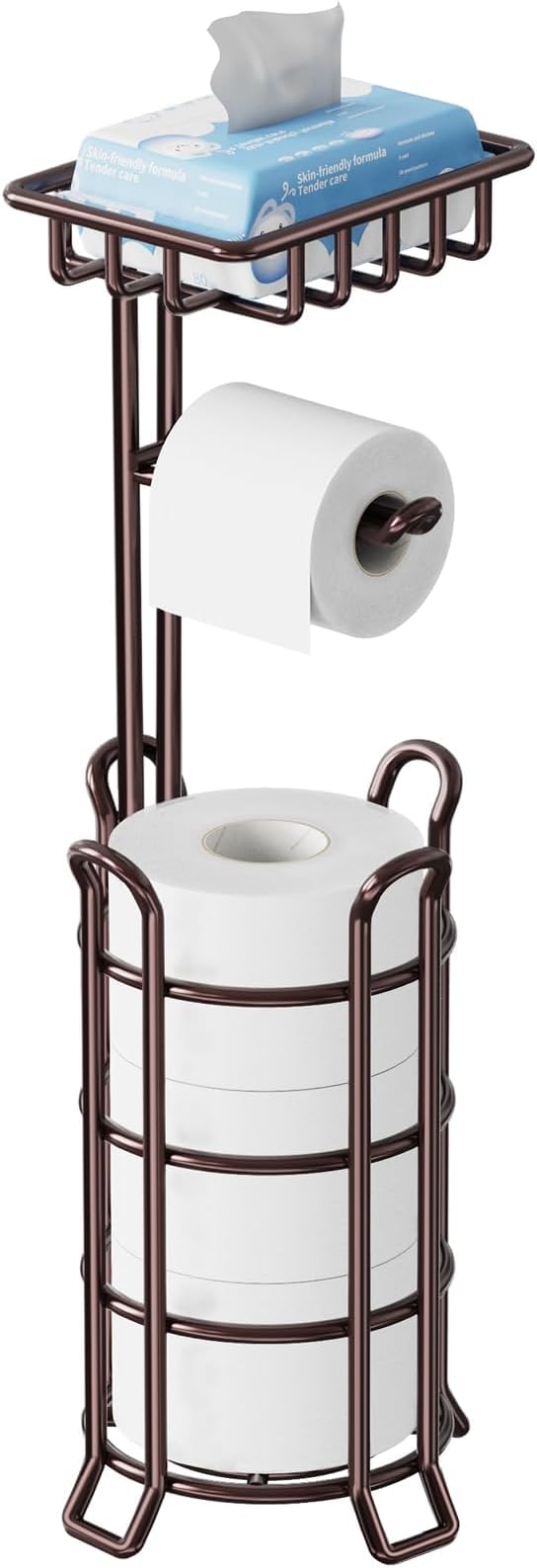 TomCare Toilet Paper Holder Upgraded Toilet Paper Stand with 4 Raised Feet Metal Free Standing Tissue Paper Roll Dispenser with Storage Shelf Sturdy Bathroom Accessories (Bronze)