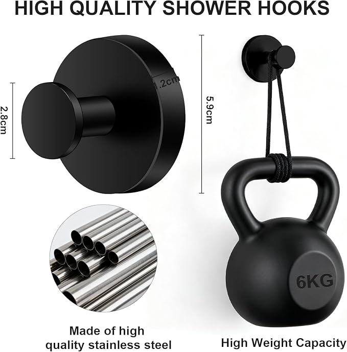 Herda Shower Hooks for Inside Shower, Reusable Stainless Steel Heavy Duty Suction Cup Hooks for Windows, Glass Door, Mirror, Tile, Waterproof Drill-Free Towel Hooks, Holds Up to 15 Lbs - 4 Pack, Black