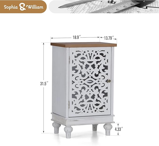 Sophia & William Accent Cabinet Small, 31.5" Tall Side End Table, Distressed Nightstand with Wooden Frame and Hollow Carved Door, White