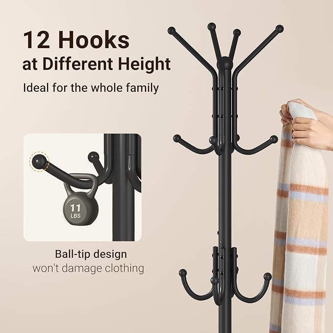 ELYKEN Coat Rack Freestanding, Metal Coat Rack Stand with Umbrella Holder, Modern Coat Tree with 12 Hooks, Floor Standing Corner Hall Tree for Entryway Living Room Bedroom Office, Black