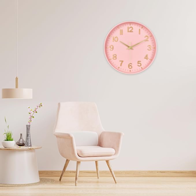 HZDHCLH Wall Clocks Battery Operated,Wall Clock Pink Gold 10 inch Wall Clock Silent Non Ticking Modern 3D Numbers for Office Kitchen Classroom Bedroom Living Room Decor