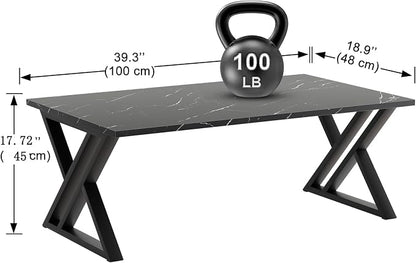 Wolawu Coffee Table Living Room Table Black Center Table, Simple Modern Faux Marble Rectangular Tea Table with Sturdy Black-Finished Metal Frame,Industrial Wooden Coffee Table for Bedroom Home Office