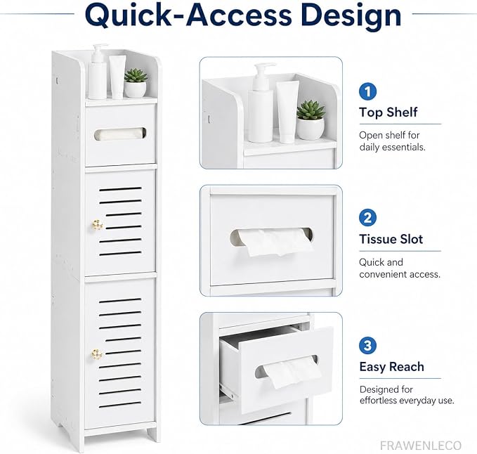 Toilet Paper Holder Stand with Storage Cabinet, Slim Floor Standing Shelf, White, 5.9" D x 5.9" W x 31.5" H, for Small Bathroom Spaces