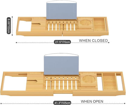 Sen Yi Bao Luxury Bamboo Bathtub Tray - Wooden Expandable Caddy with Book, Tablet, Wine Holder - Gift Idea
