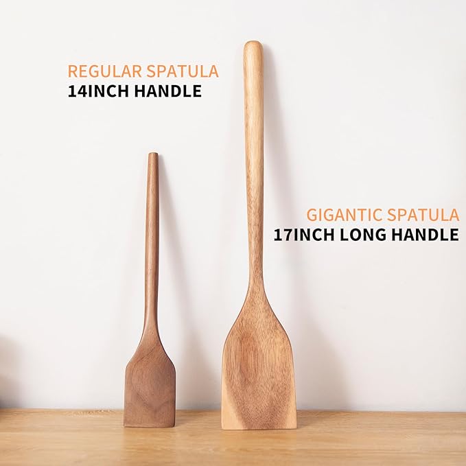 2PCS Long Handle Gigantic Spatula Spoon Premium Acacia Wooden Spoons For Cooking 17''Large Soliod Wooden Cooking Spoons Smooth Finish in Large Style Cooking Kitchen Utensil Set