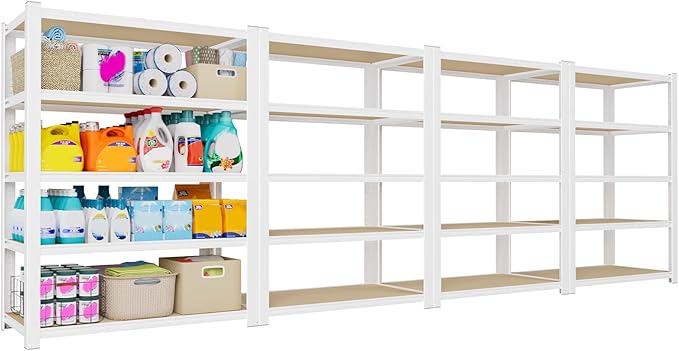 PrimeZone 24" W x 16" D x 59" H Closet Storage Shelves - 5 Tier White Metal Connector Shelving Unit, Adjustable Heavy Duty Garage Shelves, Utility Rack Organizer Shelf for Kitchen Pantry Closet, 4 PCS