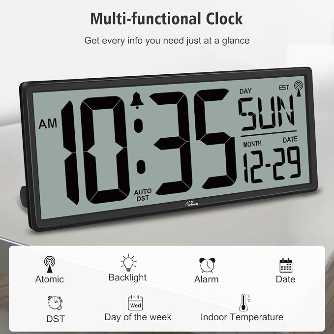 WallarGe 14.5'' Atomic Clock with Backlight, Large Digital Wall Clock Battery Operated, Large Display with Temperature and Date, Easy to Read and Set Digital Wall Clock, Auto DST