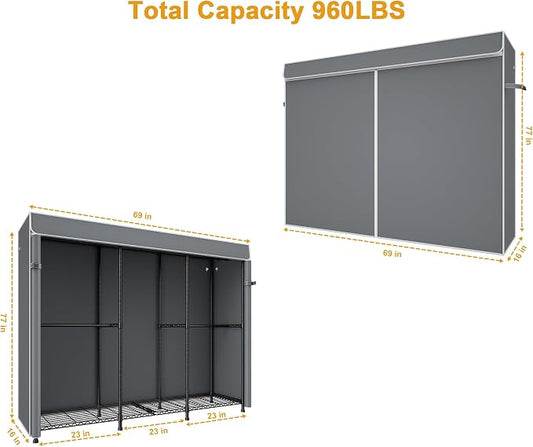 ULIFHOME E14C Pro Heavy Duty Closet Organizer System，Freestanding Clothing Racks for Hanging Clothes，Adjustable Garment Rack 69" W × 16" D × 77" H Hold 960 lbs，Black Rack with Grey Dustproof Cover