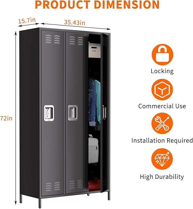 Metal Storage Locker with 3 Doors, Metal Locker for Employees with 9 Hooks for Garage School Office Gym Home, Assembly Required, Black