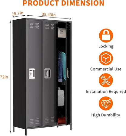 Metal Storage Locker with 3 Doors, Metal Locker for Employees with 9 Hooks for Garage School Office Gym Home, Assembly Required, Black