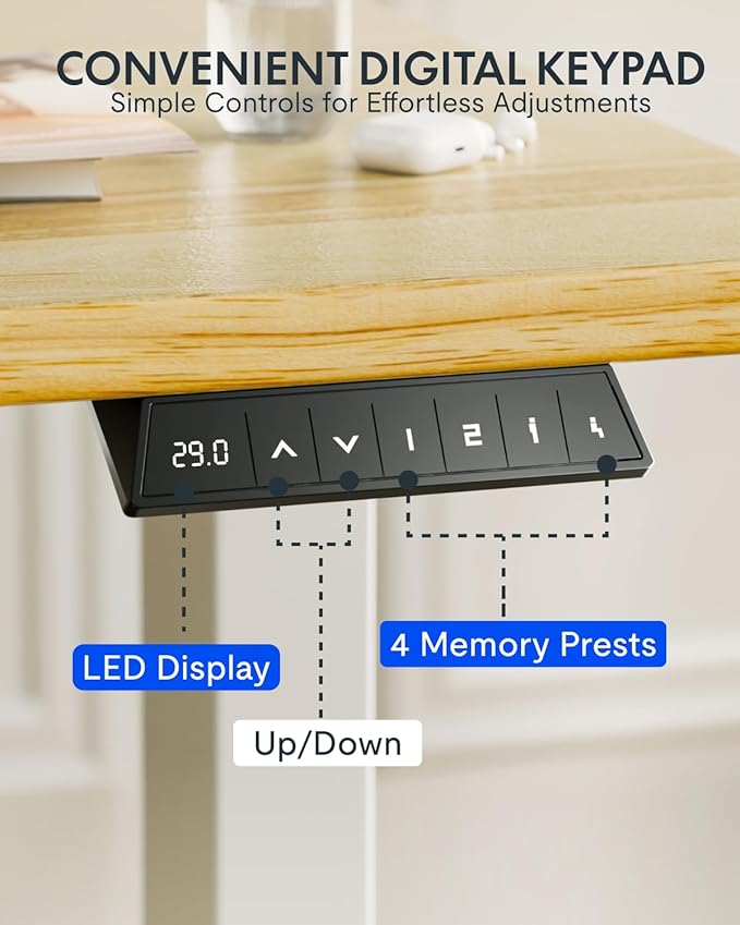 FLEXISPOT EN1 Solid Wooden Single-Piece Standing Desk, 48 x 24 Inches Sit Stand Desks for Home Office and Gaming (White Frame + Rubber Wood Top, 2 Packages)