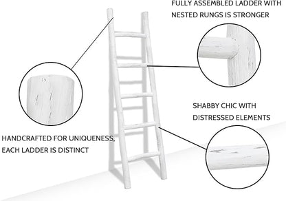 FUIN Fully Assembled 57in Wood Blanket Ladder Living Room Decorative Wall Leaning Farmhouse Quilt Display Holder Rustic Wooden Towel Rack for Bathroom, White