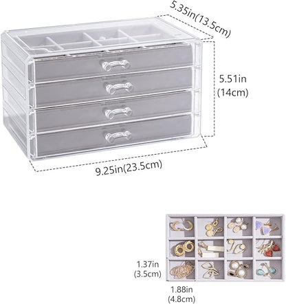 Lolalet Earring Holder Organizer Box Jewelry Storage with 4 Drawers, Clear Acrylic Stackable Earring Case with Adjustable Velvet Trays for Women on Dresser Vanity -Grey, 4 Layers
