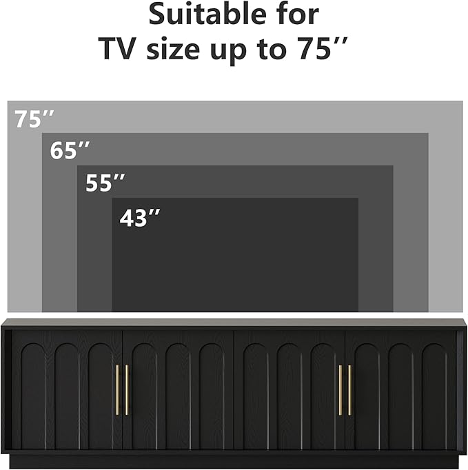 FORTUNETEC TV Stand for 75 Inch TV, 67" Entertainment Center with Arched Design, Minimalist Media Console with Adjustable Shelves, Modern TV Stand for Living Room Bedroom, Black