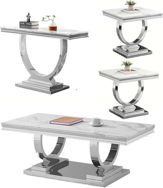 4 Piece Living Room Table Set Include 1 Faux Marble Coffee Table & 2 End Tables& 1 Console Table, Modern White Silver Coffee Table Set of 4 with Double O Shape Stainless Steel Pedestal Base