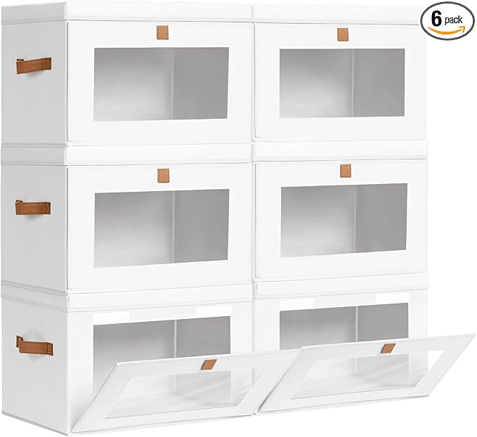 Homsorout Large Clothing Storage Bins - Collapsible Boxes with Handles & Window, Decorative Organizer Bins with Lids, Fabric Containers for Living Room, Dorm, 6 Pack, White
