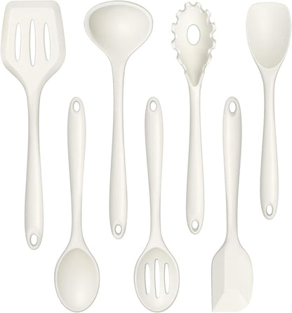 TeamFar Silicone Cooking Utensils Set, 7-Piece Heat Proof Kitchen Utensils Set, Kitchen Tools Spatula Turner Ladle Spoon Pasta Fork for Nonstick Cookware, Non-Toxic & Dishwasher Safe, White