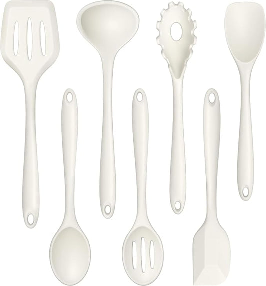 TeamFar Silicone Cooking Utensils Set, 7-Piece Heat Proof Kitchen Utensils Set, Kitchen Tools Spatula Turner Ladle Spoon Pasta Fork for Nonstick Cookware, Non-Toxic & Dishwasher Safe, White