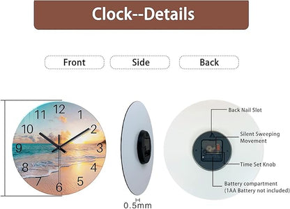 Beach Wall Clock Battery Operated 12 Inch Glass Wall Clock Non Ticking Analog Blue Wall Clocks for Bedroom Living Room Office Decor