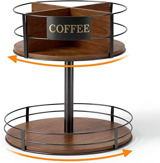 Sieral 360° Rotating Coffee Bar Organizer 2 Tier Coffee Bar Lazy Susan Wood Metal Station Organizer Holder with Convenient Grab-and-go for Countertop Pod Syrup Mug Tea Spice Snack Kitchen Office
