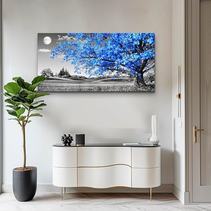 wall art for living room Simple Life Blue moon tree landscape Abstract painting office Wall Decor 24" x 48" single Pieces Canvas Prints Ready to Hang for Home Decoration Black and white Works of art