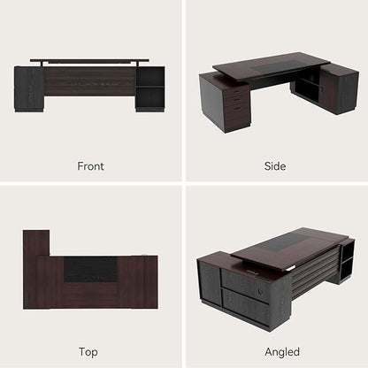 L Shape Executive Desk with Drawers and Storage Cabinet, Wooden Executive Office Desk for Home, Large Computer Table with Lateral File Cabinet for Studio, Dark Brown Black