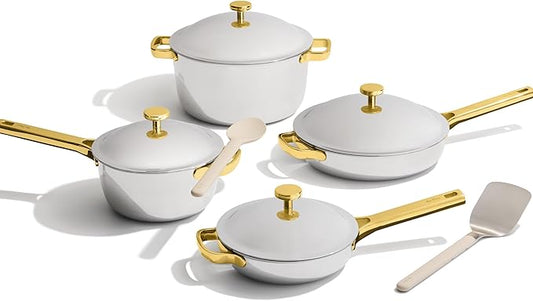 Our Place Titanium Pro Cookware Set | 10-Piece Pots and Pans Set with Always Pan Pro, Perfect Pot Pro & Minis | Non-Toxic No-Coating Nonstick | Induction & Oven-Safe up to 750°F | Gold