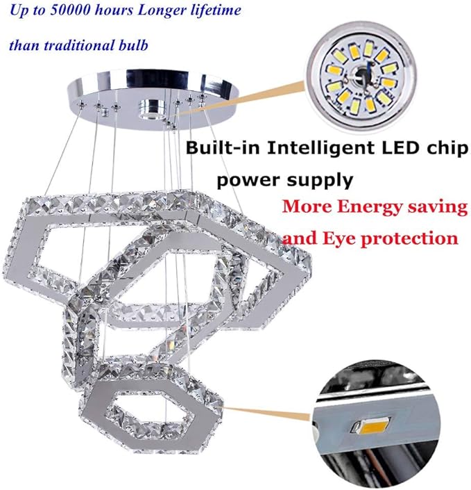 Modern Crystal Chandeliers Big 3 Rings LED Ceiling Light Adjustable Stainless Steel Pendant Light for Bedroom Living Room Dining Room (6500K Cool White)(25cm+35cm+45cm)