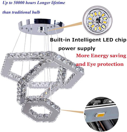 Modern Crystal Chandeliers Big 3 Rings LED Ceiling Light Adjustable Stainless Steel Pendant Light for Bedroom Living Room Dining Room (6500K Cool White)(25cm+35cm+45cm)