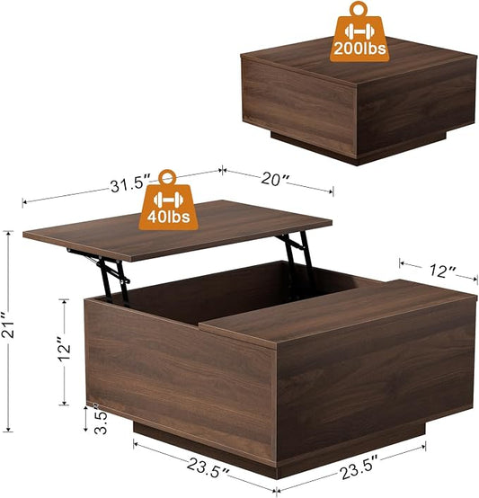 FABATO Lift Top Coffee Table, Wood Square Coffee Table with Storage, Farmhouse Coffee Tables with Hidden Storage Compartment, Center Table with Lifting Tabletop for Living Room, Home Office, Walnut