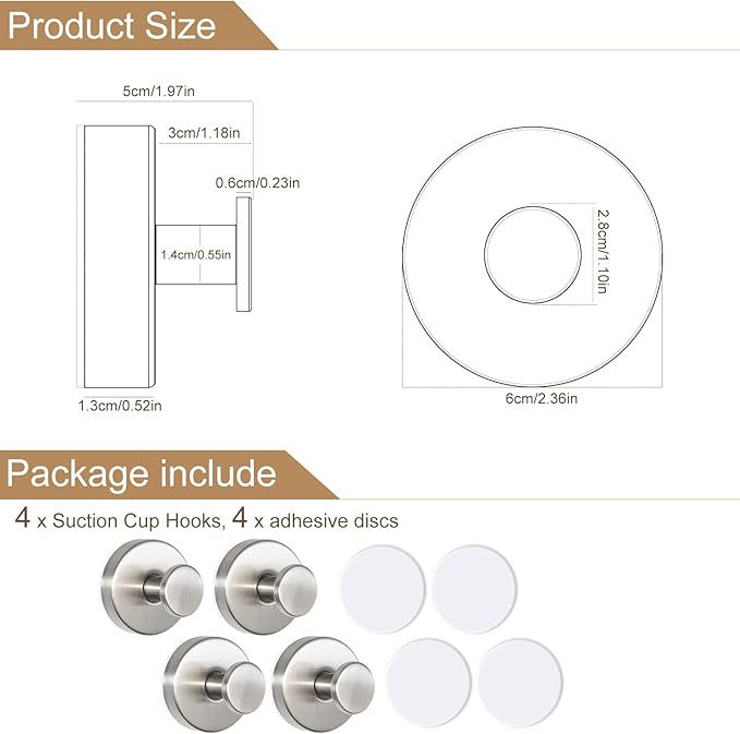 ZESLMG Suction Cup Hooks for Shower, Nickel Wreath Hangers for Front Door Glass Window Bathroom Kitchen Wall, Removable Towel Holder Bath Robe Loofah Coat Hooks No Damage for Hanging, 4 Pack